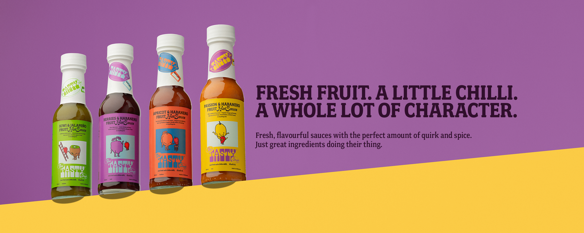 Four bottles of sauces with colorful labels on a purple and yellow background.