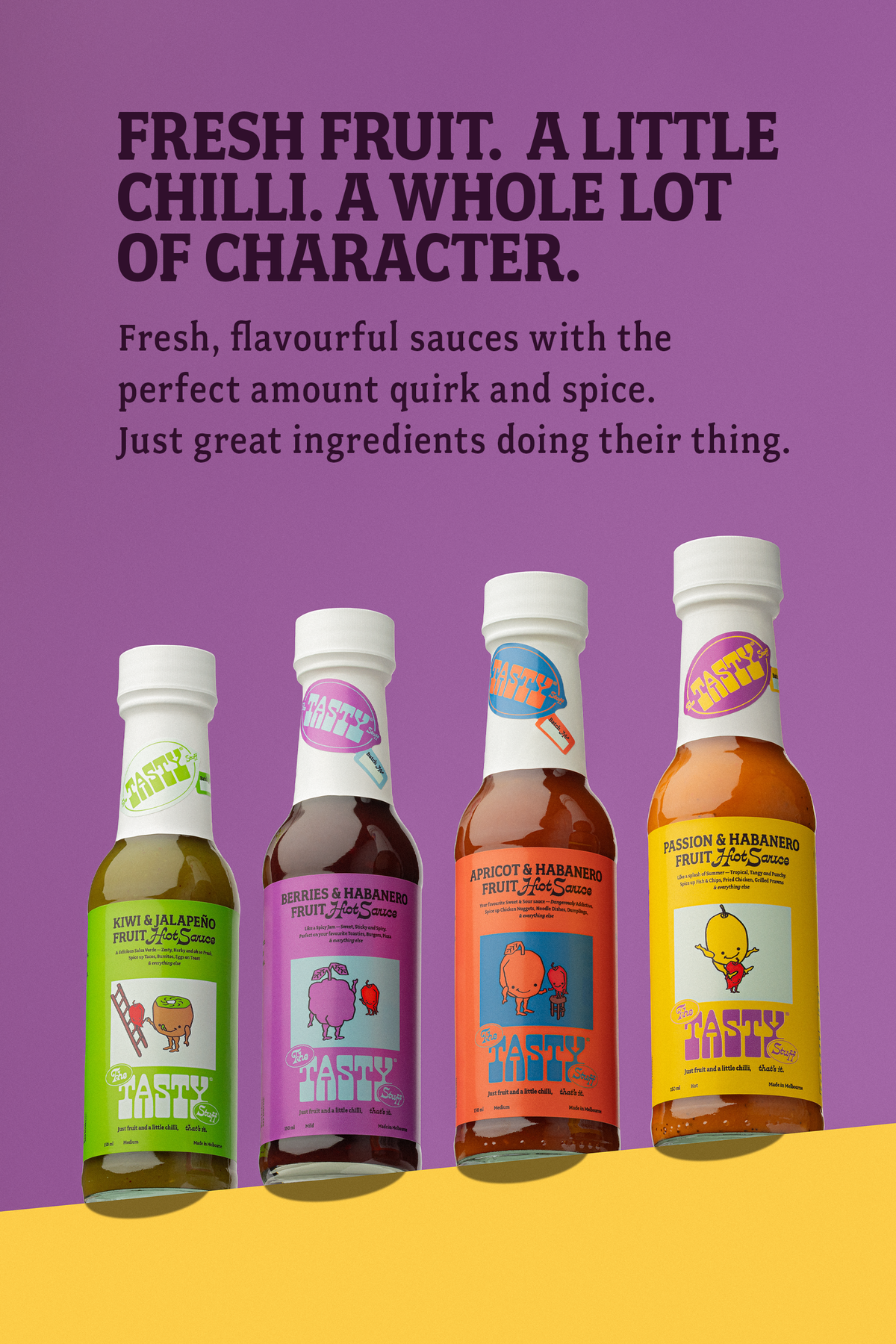 Four bottles of sauces with colorful labels on a purple and yellow background.